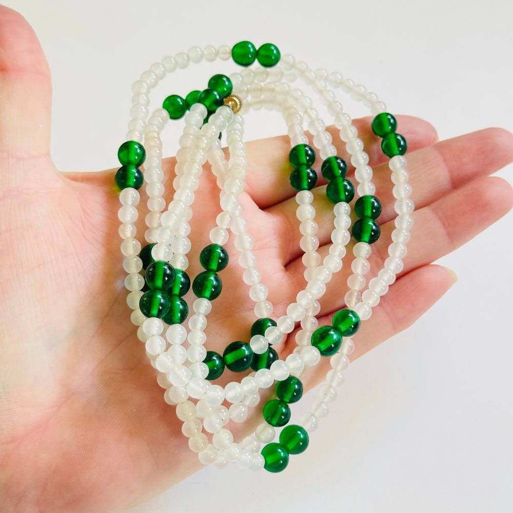 VTG flapper Necklace green poured Art Glass Beads French Extra Long rare 52"